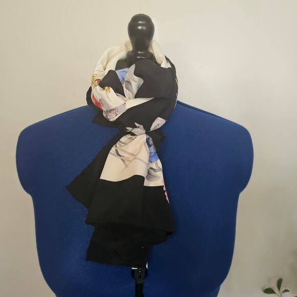 Vintage Floral & Butterfly Scarf – Black Border Garden Print Square Satin Scarf - Picture 2 of 3